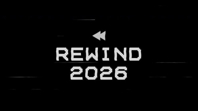 Animation VHS rewind 2026 intro with retro noise and analog glitch effect. Nostalgic digital opener ideal for year recap videos