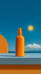 Orange sunscreen spray bottle on blue surface