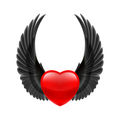 Obraz premium Glossy red heart with black angel wings representing dark romance and gothic love, isolated 3D illustration on transparent background.