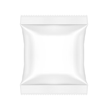 Blank white plastic snack sachet mockup front view for food packaging branding, clean and minimalist style design, realistic 3D render isolated illustration