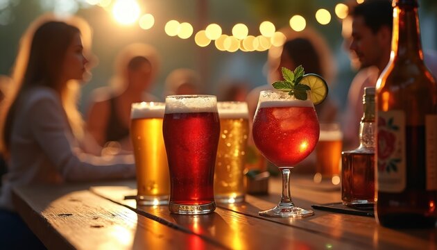 Friends gather at a table with beers and cocktails as string lights glow. People talk and laugh outdoors, enjoying drinks on a warm evening. They relax, socialize, and celebrate with beverages.