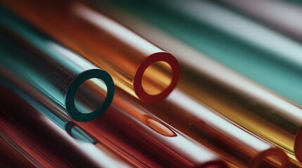 Abstract arrangement of multicolored glass tubes and cylinders with soft dramatic lighting