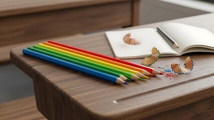 Colorful pencils and beads on a wooden desk with an open book
