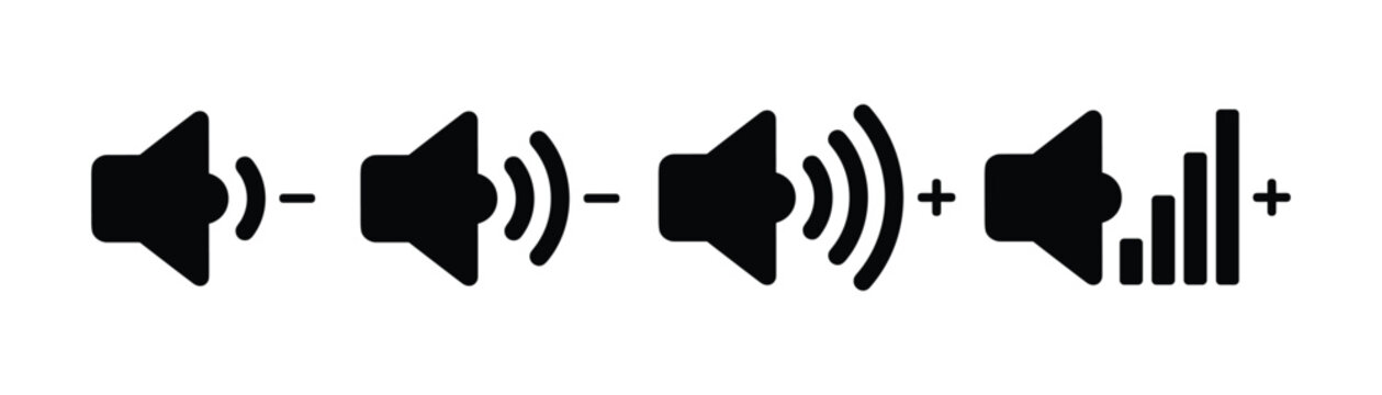 Volume level icons set showing speaker, sound control increase and decrease symbol. Perfect sound control.