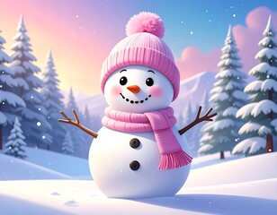 Obraz premium Cute snowman in pink hat and scarf in a snowy winter wonderland