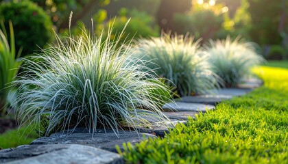 Lush ornamental grass in a sun-drenched garden with stone pathway.