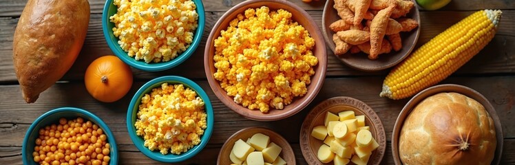 Brazilian June festival foods laid out on rustic wood table. Includes popcorn sweet treats, corn on cob, breads, and small pumpkin. Perfect for party food themes celebration culinary art.