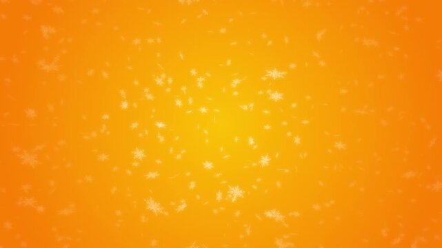 White snowflakes being lit up and falling down on orange gradient background. Abstract background for Merry Christmas, Happy Holidays, Season's greetings, Happy Valentine's day and winter season.