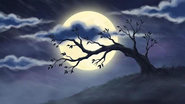 A captivating animated scene unfolds under a luminous full moon, dominating the night sky. A stylized, gnarled tree with sparse, dark leaves stands silhouetted against the bright orb, its branches rea