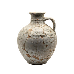 Ancient cracked white ceramic jug with handle isolated on a transparent background