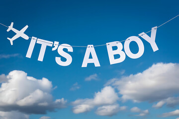 Fototapeta premium Celebratory 'It's a Boy' banner with airplane against blue sky