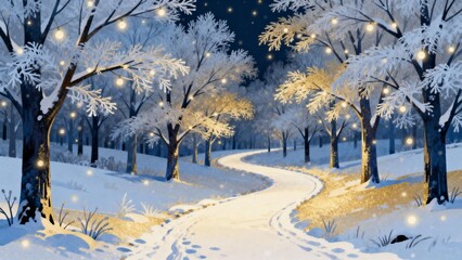 Snowy path with illuminated trees