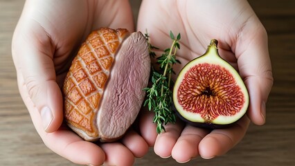 Delicate presentation of seared duck breast with a vibrant fig half