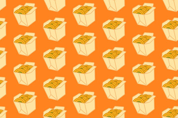 Chinese noodle colorful doodle seamless pattern on orange background set for restaurant. Street food pasta cartoon pattern background for culinary. Asian noodle box isolated vector motif for cafes