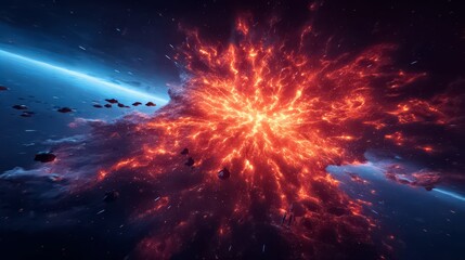Bright red explosion in space with a blue background. The explosion is surrounded by a cloud of debris and stars