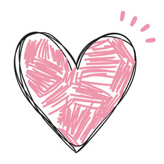 A charming hand-drawn pink heart doodle with scribbled lines and cute spark accents isolated on transparent background