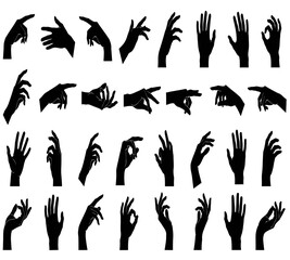 A collection of various black silhouette hand gestures depicting different poses and expressions high quality