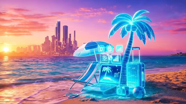 Glowing neon cyan holographic digital nomad laptop and beach chair wireframe on tropical sand at sunset with virtual palm tree