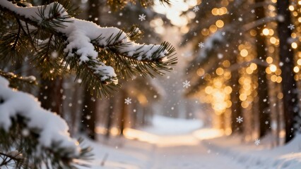 Snowy pine branches in a forest