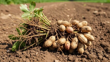 Freshly harvested peanuts with roots and leaves lying on tilled brown soil in a field under natural light.