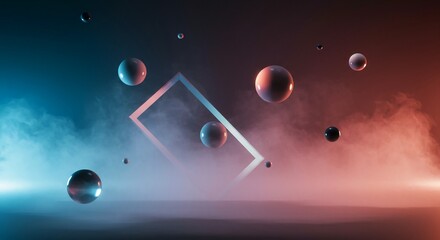 Floating geometric shapes merge with hazy, iridescent light fields, creating a deeply psychological and surreal visual experience of the subconscious mind, memory, inspiration, cosmic