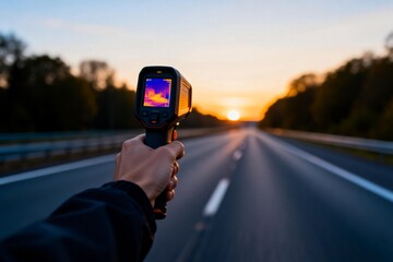 Hand holding thermal camera on highway at sunset