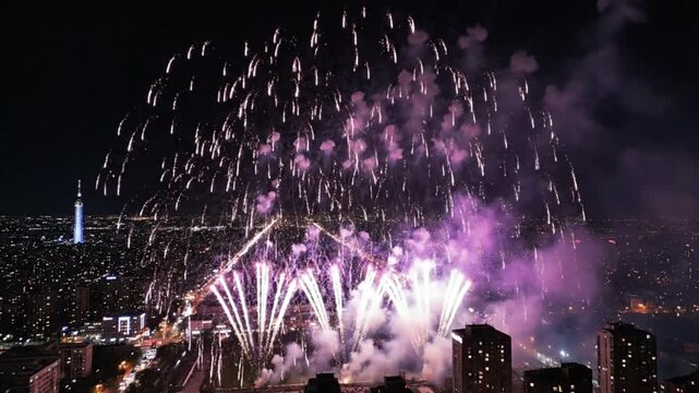 Bird&rsquo;s-eye view of vibrant purple and white fireworks bursting across a dark cityscape, layered sparks falling gracefully, cinematic depth and slow-moving smoke, celebration in high contrast.