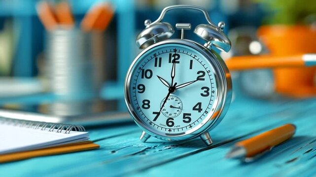 A silver alarm clock sits on a blue desk surrounded by office supplies and a notebook.