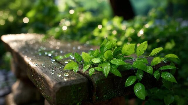 Serene garden scene with lush greenery on wooden bench