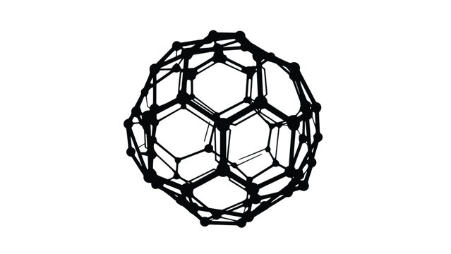 A detailed black and white illustration of a buckminsterfullerene molecule showcasing its geodesic spherical structure