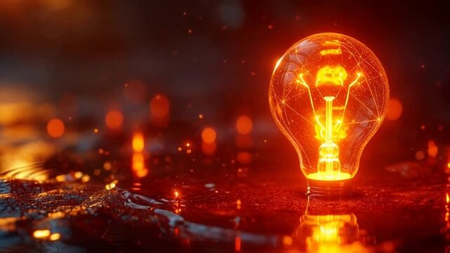 Glowing light bulb with orange sparks on wet ground in dark environment with bokeh effects