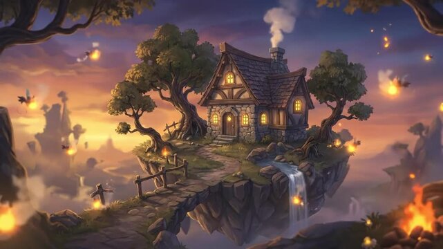 An enchanting, rustic cottage with warm, glowing windows and a smoking chimney rests gracefully on a magical floating island. The intricate stone path leads towards the cozy dwelling, surrounded by gn