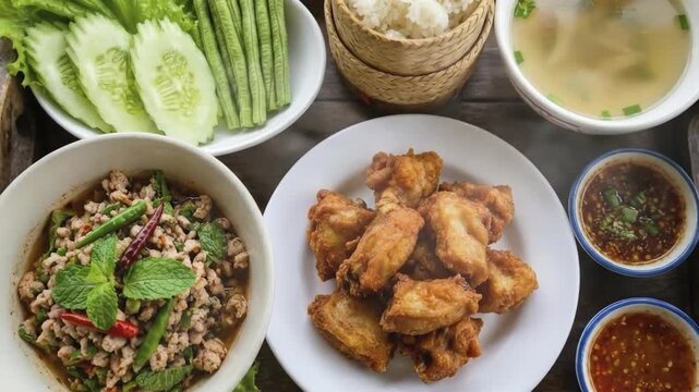 An enticing overhead shot captures a vibrant, freshly prepared feast laid out on a rustic wooden table. The generous spread includes golden-brown fried poultry pieces, a richly seasoned minced meat sa