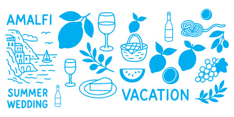 Italian Amalfi summer wedding vacation doodle style illustrations. Vector ink hand drawn Italy coast sea, lemons, wine and food elements. Sea weekend prints for invitation card to beach party, picnic