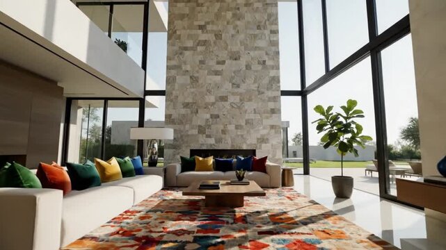 Cinematic modern interior walkthrough of a living room with a high ceiling, expansive windows, neutral stone-textured double-height wall, vibrant yet minimal design