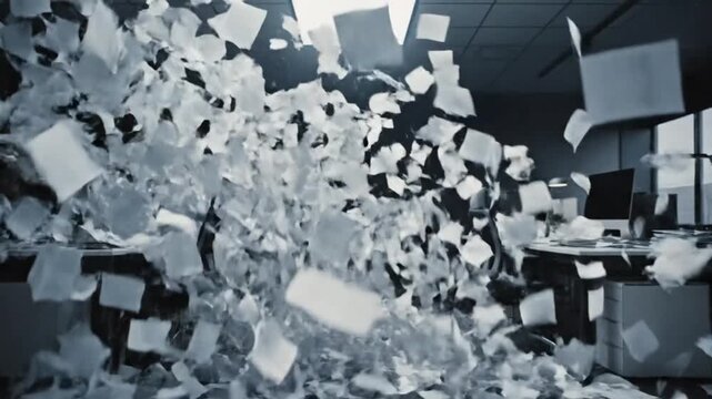  Cinematic video of countless white paper sheets violently blasting across the frame from multiple directions, chaotic airflow, fast motion blur, dark corporate background, overwhelming workload