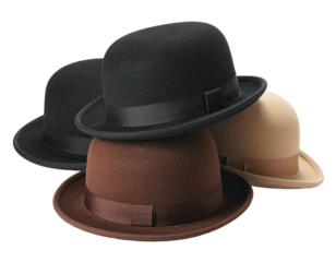 Three bowler hats stacked black, brown, and beige