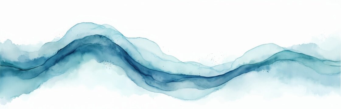 Abstract watercolor blue waves flow across white background. Smooth blend of deep teal and light aqua tones create serene fluid motion. Perfect for calm, airy design themes. Artistic background.