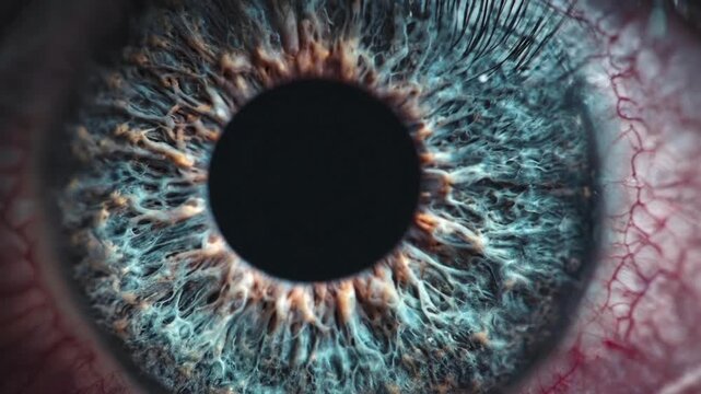 An mesmerizing extreme macro close-up reveals the intricate details of a human eye. The iris displays stunning patterns of blue, green, and amber hues, swirling around the dark, central pupil. Visible