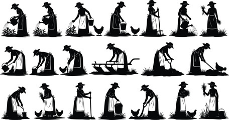 Set of vector silhouettes of a woman farmer working in the garden, watering plants, digging soil, and feeding chickens, isolated on white background.