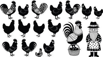 Set of vector silhouettes of chickens, roosters, and hens, including a farmer character and basket of eggs, isolated on white background, for farm design. © MdMojibar