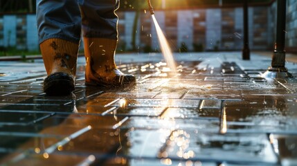 Person Cleaning Patio with Pressure Washer on Sunny Day