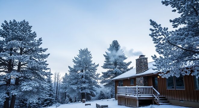 Snowy cabin in winter landscape with frost covered trees and clear sky