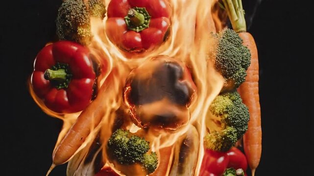 Close-up of assorted vegetables igniting in a controlled burst of fire, flames licking and curling around peppers, carrots, and broccoli, vibrant colors contrasted with dark background, cinematic