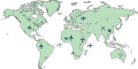 World map with global air travel routes and airplanes, international aviation network, logistics transportation concept, flat vector illustration design © MdNurAlam