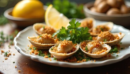 Cooked clams in shells served on white plate with lemon parsley garnish. Delicious seafood appetizer with savory buttery garlic sauce and breadcrumbs. Perfect starter for any meal.