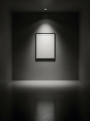 Monochromatic Interior Gallery Space with Illuminated Blank Frame Artwork