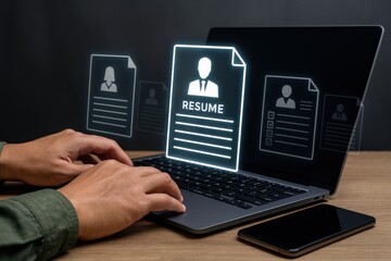 Human resources technology and hiring process visualization with digital candidate profiles interface, recruitment workflow, ATS system and corporate talent acquisition, CVs, applications, editorial.