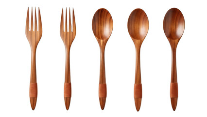 Set of wooden cutlery isolated on transparent background