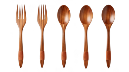 Set of wooden cutlery isolated on transparent background